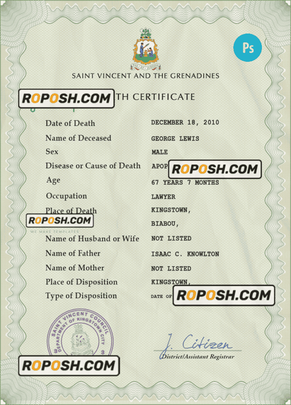 Saint Vincent and the Grenadines death certificate PSD template, completely editable
