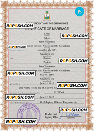 Saint Vincent and the Grenadines marriage certificate PSD template, completely editable