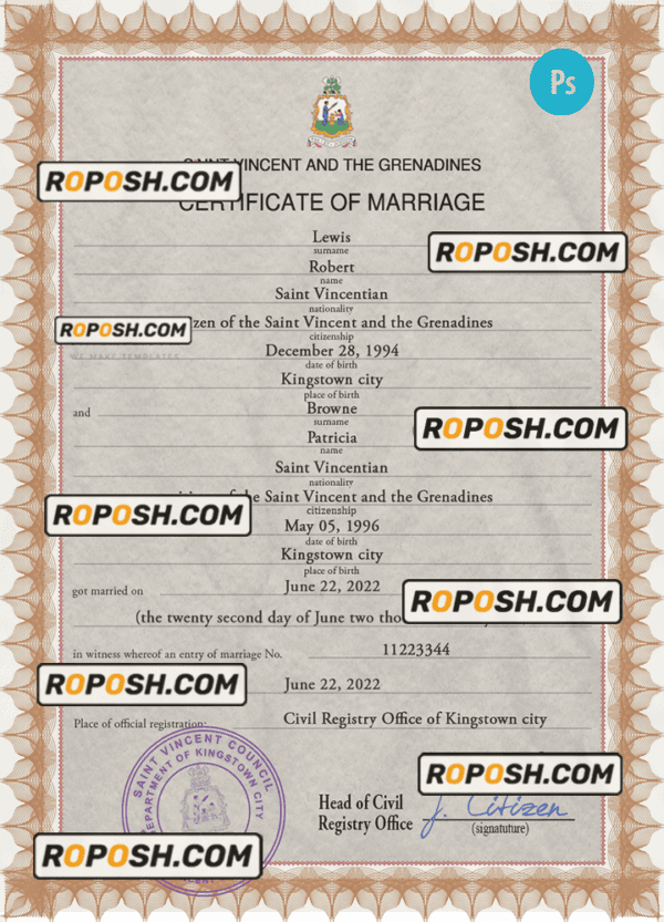 Saint Vincent and the Grenadines marriage certificate PSD template, completely editable