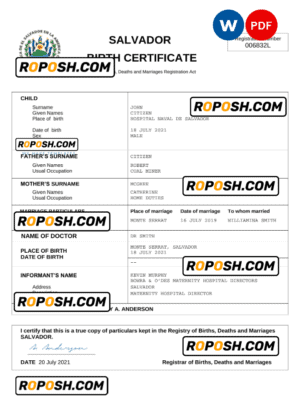 Salvador birth certificate Word and PDF template, completely editable