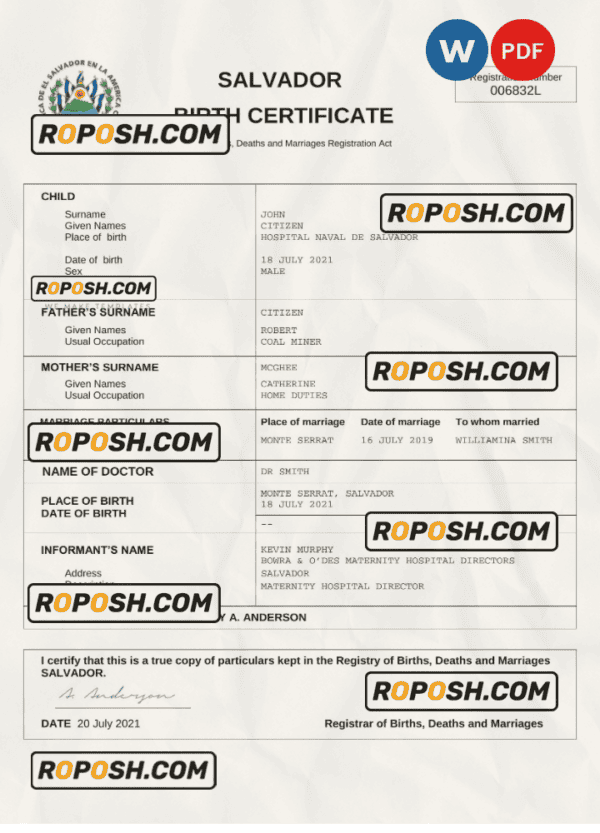 Salvador birth certificate Word and PDF template, completely editable