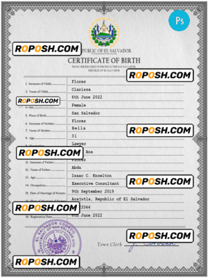 Salvador vital record birth certificate PSD template