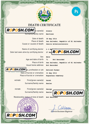 Salvador vital record death certificate PSD template, completely editable