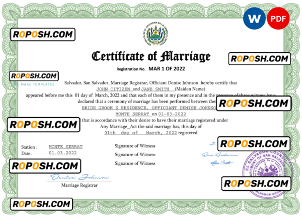 Salvador marriage certificate Word and PDF template, completely editable