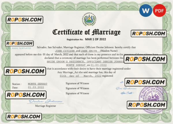 Salvador marriage certificate Word and PDF template, completely editable scan effect