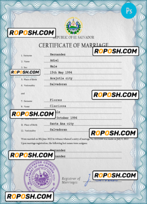 Salvador marriage certificate PSD template, fully editable