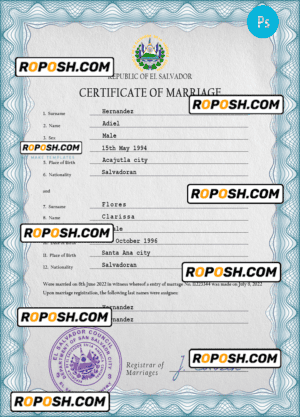 Salvador marriage certificate PSD template, fully editable