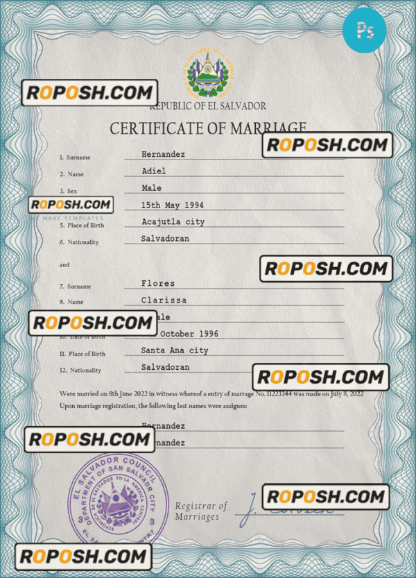 Salvador marriage certificate PSD template, fully editable
