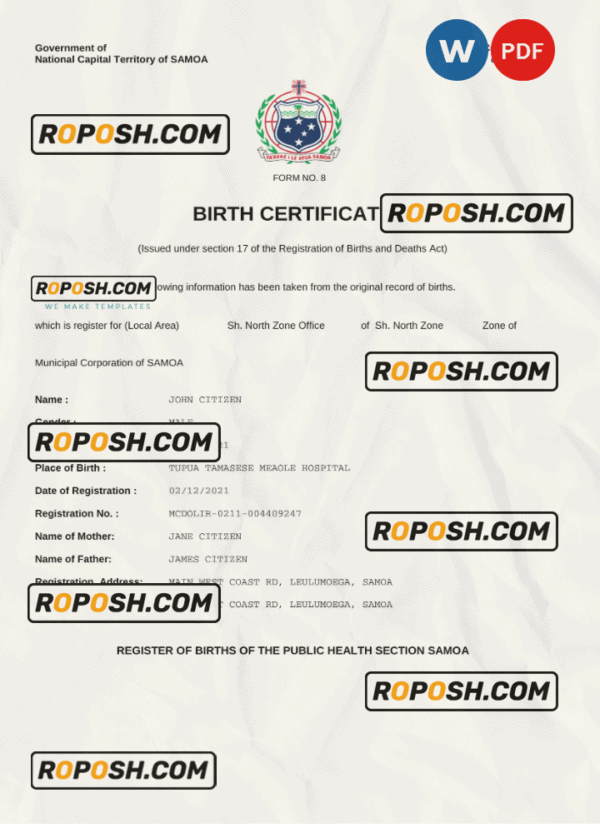 Samoa vital record birth certificate Word and PDF template, completely editable