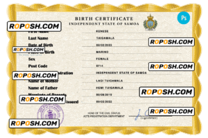 Samoa vital record birth certificate PSD template, fully editable