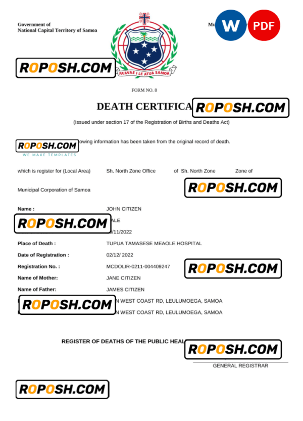 Samoa death certificate Word and PDF template, completely editable