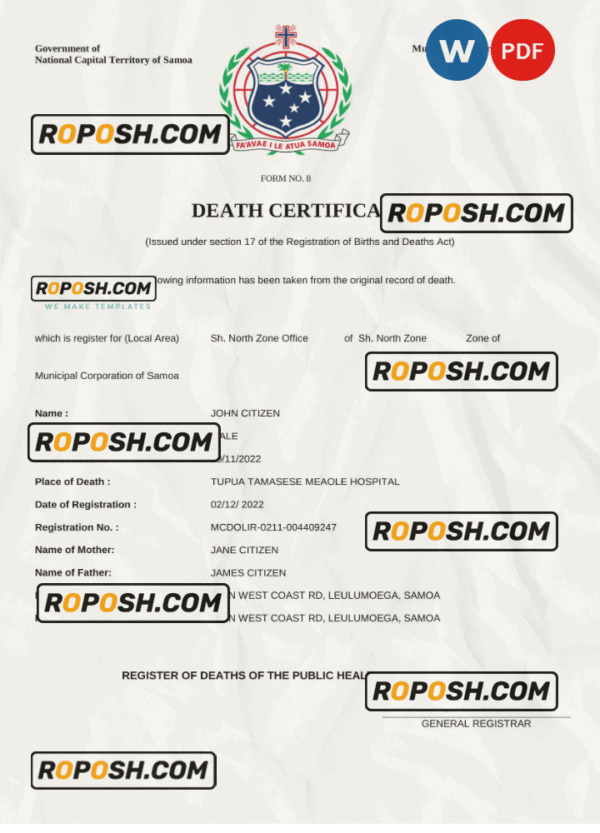 Samoa death certificate Word and PDF template, completely editable