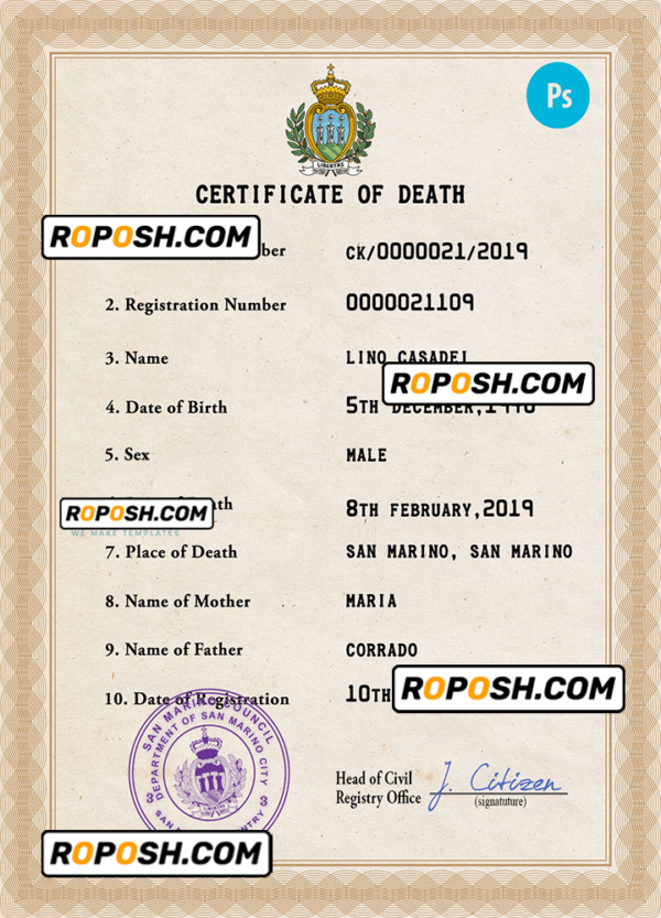 Samoa vital record death certificate PSD template, fully editable