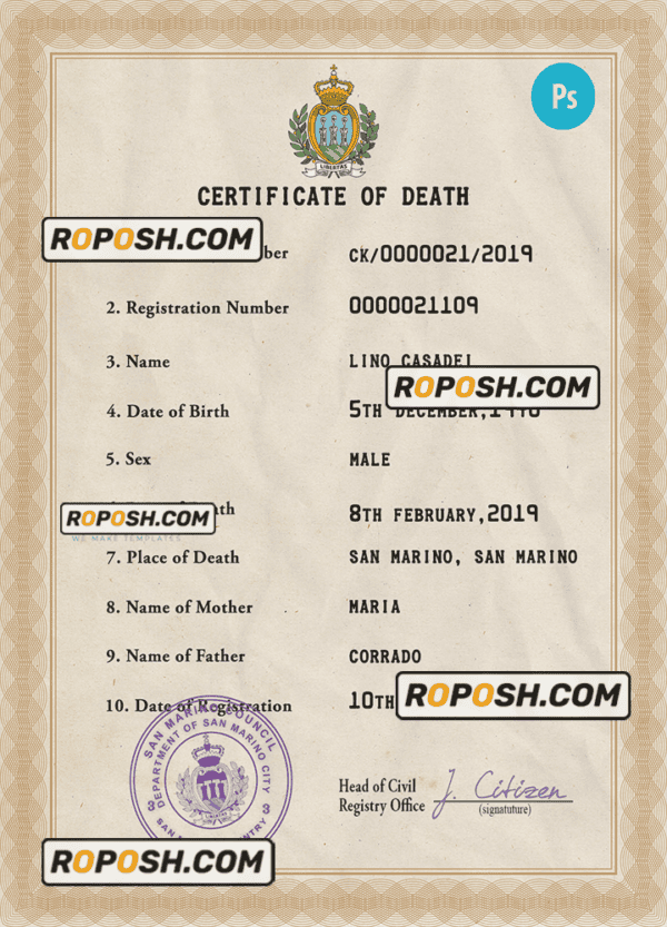 Samoa vital record death certificate PSD template, fully editable