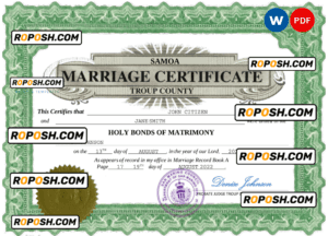Samoa marriage certificate Word and PDF template, fully editable
