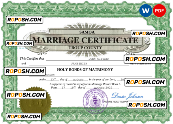 Samoa marriage certificate Word and PDF template, fully editable