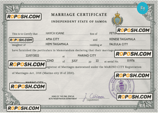 Samoa marriage certificate PSD template, completely editable