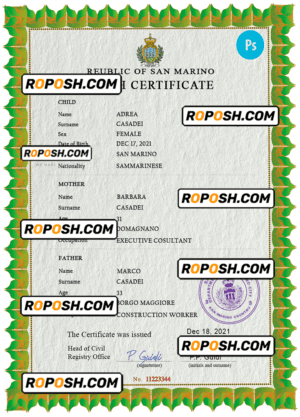 San Marino birth certificate PSD template, completely editable