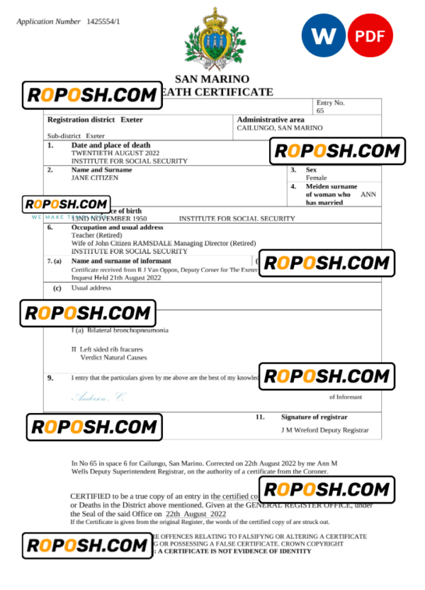 San Marino death certificate Word and PDF template, completely editable