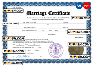 San Marino marriage certificate Word and PDF template, completely editable