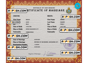 San Marino marriage certificate PSD template, fully editable