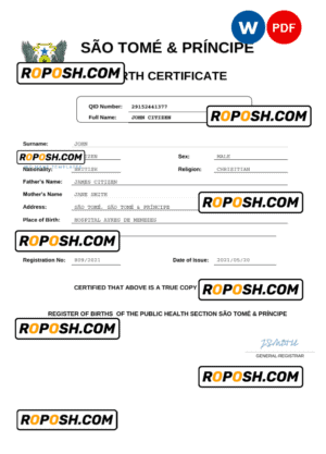 Sao Tome & Principe vital record birth certificate Word and PDF template, completely editable