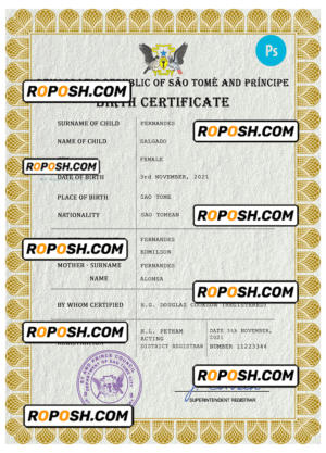Sao Tome and Principe vital record birth certificate PSD template, fully editable