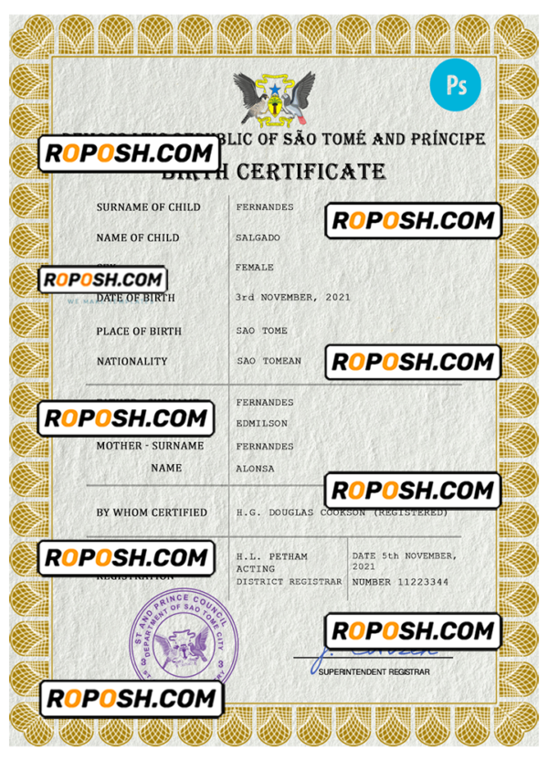 Sao Tome and Principe vital record birth certificate PSD template, fully editable