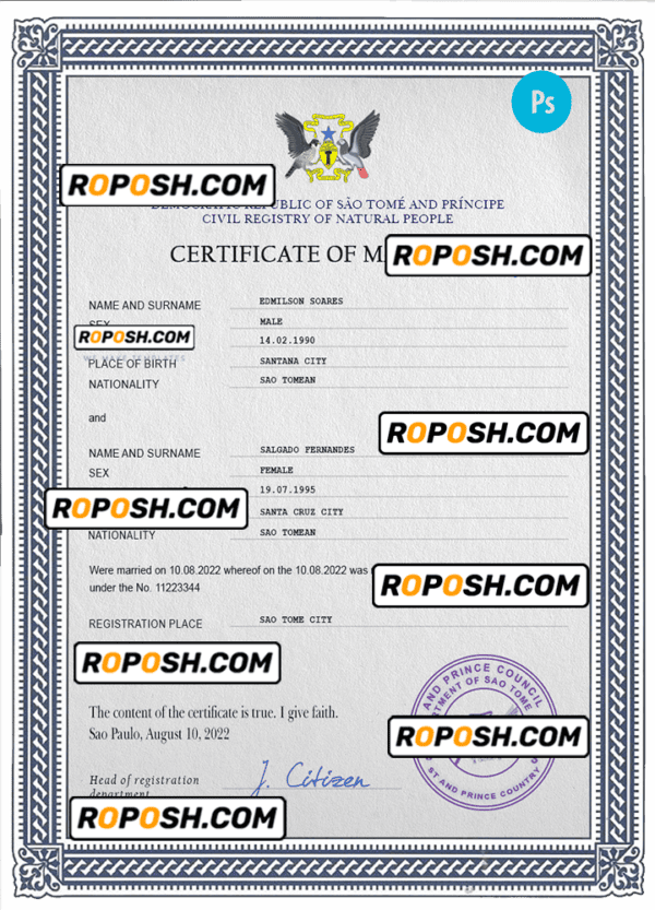 Sao Tome and Principe marriage certificate PSD template, completely editable
