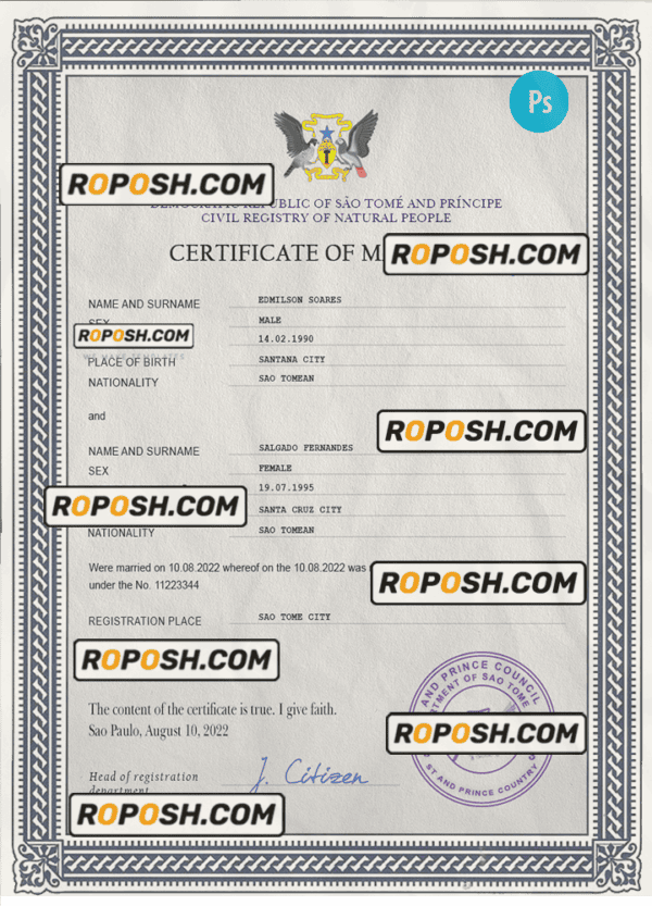 Sao Tome and Principe marriage certificate PSD template, completely editable