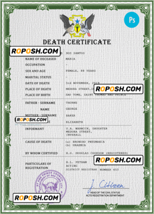 Sao Tome vital record death certificate PSD template, completely editable