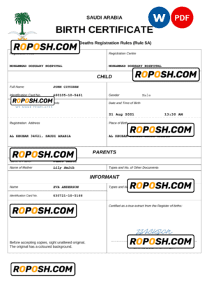 Saudi Arabia birth certificate Word and PDF template, completely editable