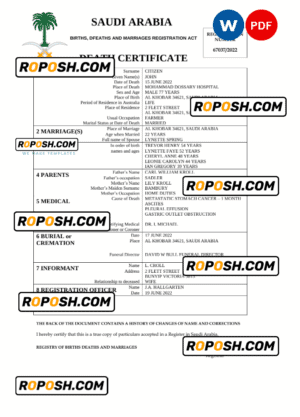 Saudi Arabia death certificate Word and PDF template, completely editable