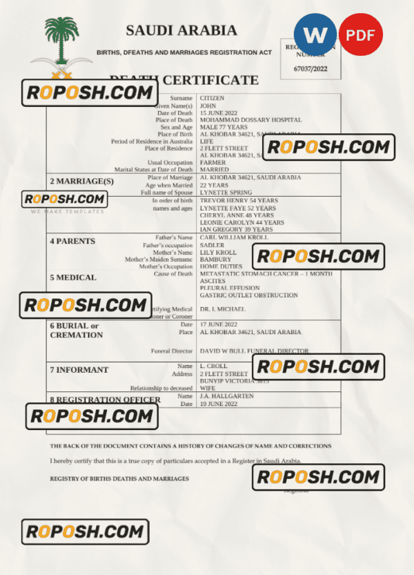 Saudi Arabia death certificate Word and PDF template, completely editable