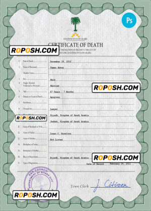 Saudi Arabia death certificate PSD template, completely editable