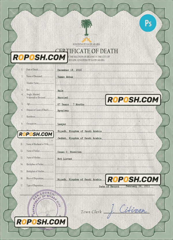 Saudi Arabia death certificate PSD template, completely editable