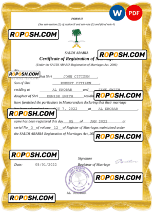 Saudi Arabia marriage certificate Word and PDF template, completely editable
