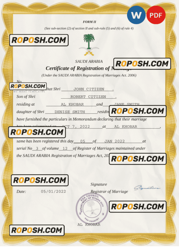 Saudi Arabia marriage certificate Word and PDF template, completely editable