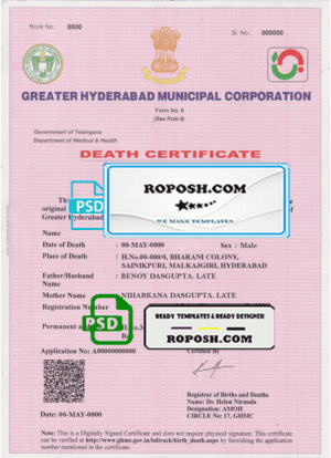 India death certificate template in PSD format, fully editable