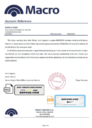 Argentina Banco Macro bank reference letter template in .doc and .pdf format