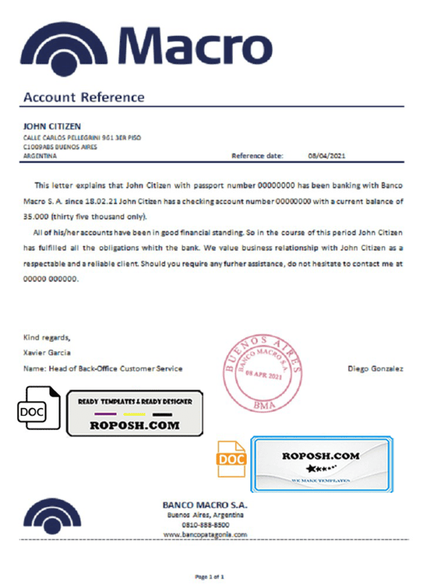 Argentina Banco Macro bank reference letter template in .doc and .pdf format