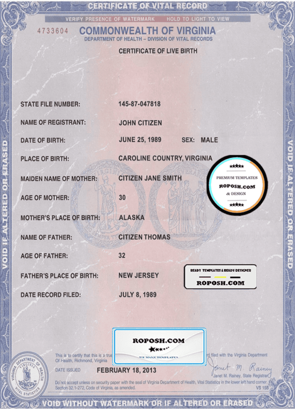 USA Virginia state birth certificate template in PSD format, fully editable