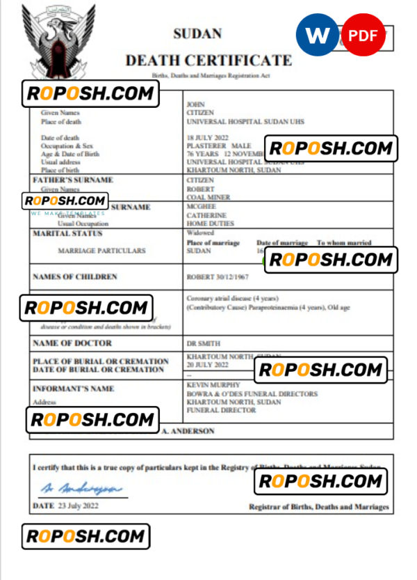 Sudan vital record death certificate Word and PDF template