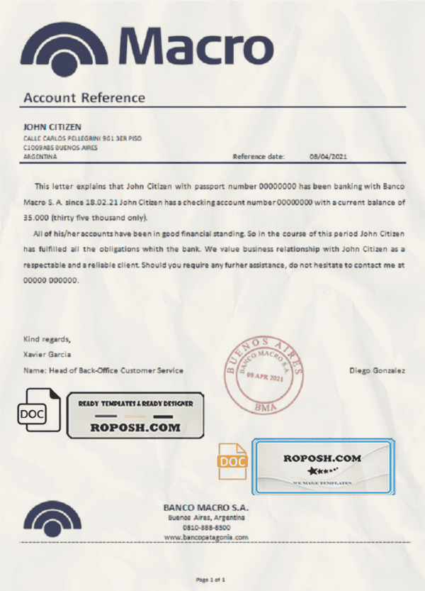 Argentina Banco Macro bank reference letter template in .doc and .pdf format