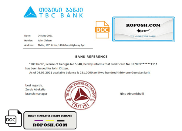 Georgia TBC bank account reference letter template in Word and PDF format