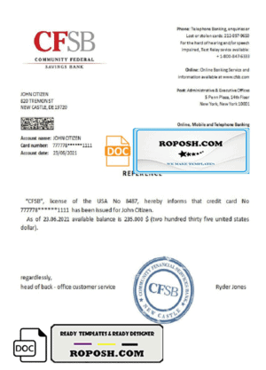 USA CFSB bank account reference letter template in Word and PDF format