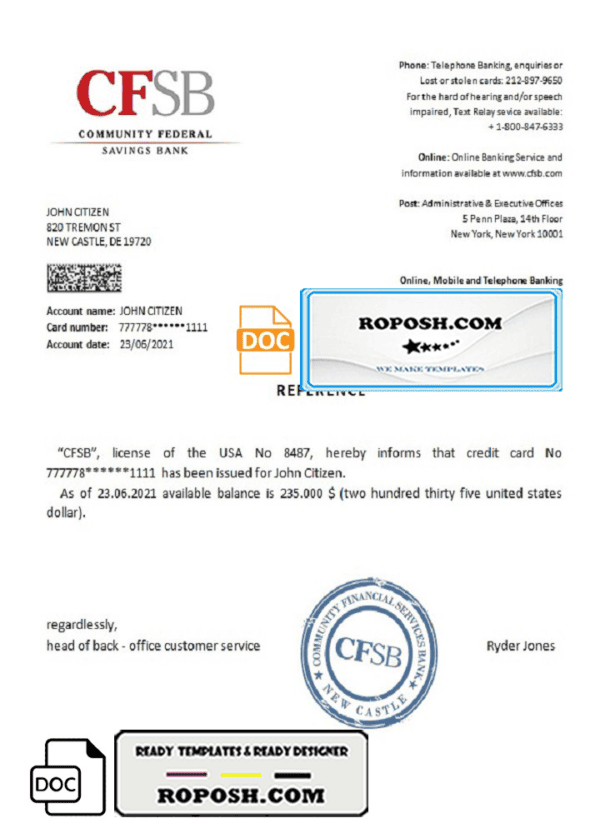 USA CFSB bank account reference letter template in Word and PDF format
