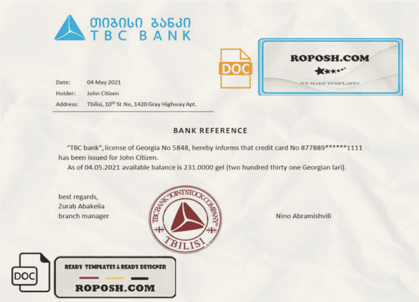 Georgia TBC bank account reference letter template in Word and PDF format