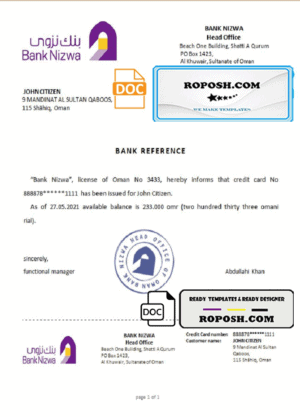 Oman Bank Nizwa bank account reference letter template in Word and PDF format