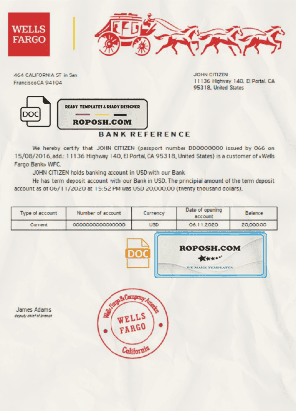 USA Wells Fargo Bank account reference letter template in Word and PDF format